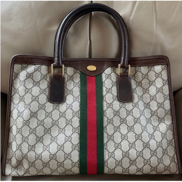 Gucci Handbags - Certified Authentic Vintage Gucci Web Brown Monogram Canvas Leather Tote, COA